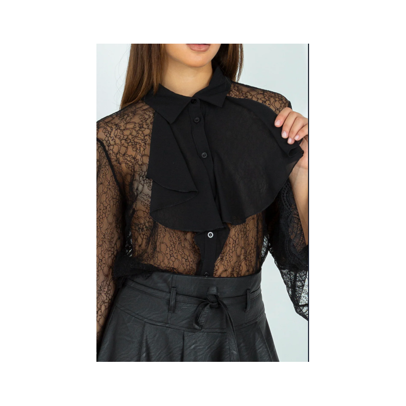 Camicia velata con collo volant e maniche in pizzo "PINK mood Milano"