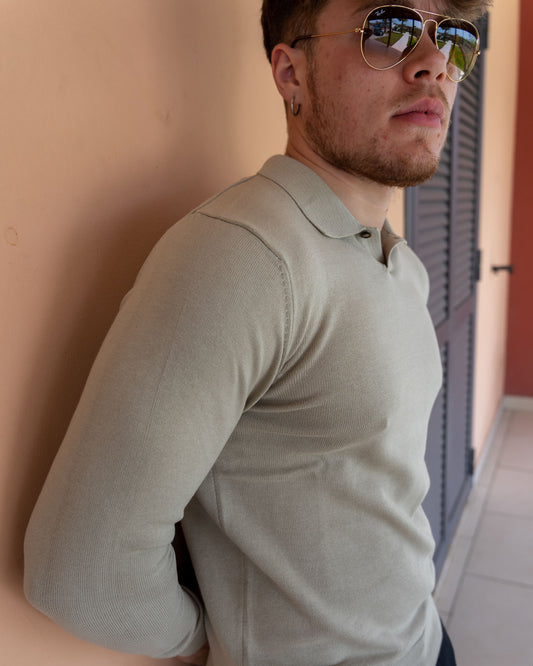 Polo colletto derby in caldo cotone e cachemire beige